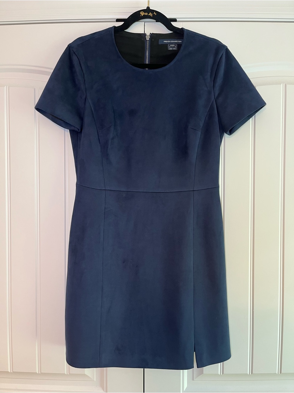 French Connection Patty Faux Suede Mini Dress Size 8 Navy Blue Cocktail Office - Picture 2 of 10